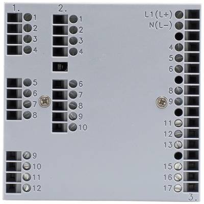 Graues elektrisches Anschlussfeld mit nummerierten Klemmen von 1 bis 17 und zwei Schrauben. Oben rechts sind 'L1(L+)' und 'N(L-)' markiert.