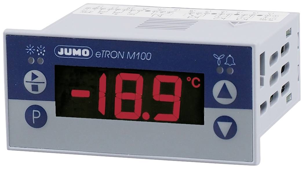Ein Temperaturregler namens 'JUMO eTRON M100' zeigt -18,9°C auf einem digitalen Display an.