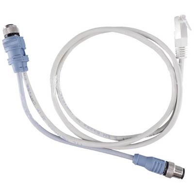 Ein weißes Ethernet-Kabel mit RJ45-Stecker und blauem Schnellverschlussadapter, verhindert Wasser- und Staubeindringen.