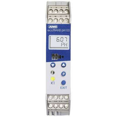 Ein graues JUMO ecotrans pH 03 Gerät mit blauem Display zeigt '6,07 pH'. Drücktasten und Anschlüsse sind beinhalten.