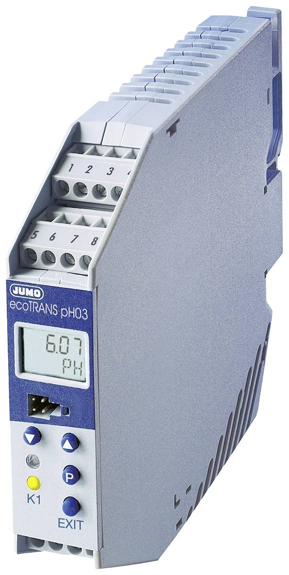 Das Bild zeigt einen JUMO ecoTRANS pH03 Messumformer mit digitalem Display. Auf dem Bildschirm wird ein pH-Wert von 6,07 angezeigt.