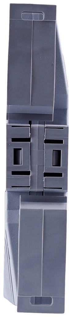 Grauer vertikaler Kunststoffblock mit symmetrischen Schlitzen und Kanten.