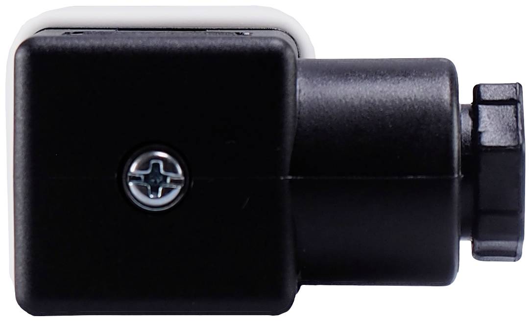 Ein schwarzes, rechteckiges Kunststoffgehäuse mit sichtbarer Schraube; möglicherweise ein Teil eines elektronischen oder mechanischen Geräts.