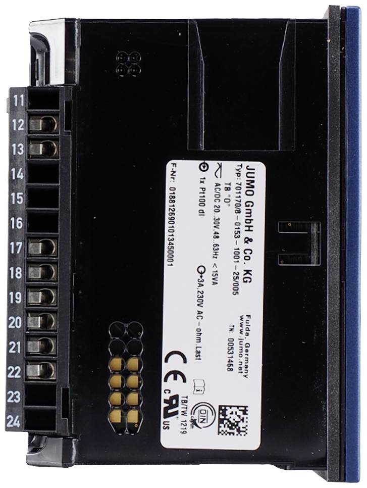 Ein schwarzes elektronisches Gerät von JUMO GmbH & Co. KG mit Klemmanschlüssen auf der linken Seite, Typ 701150, mit technischen Spezifikationen.