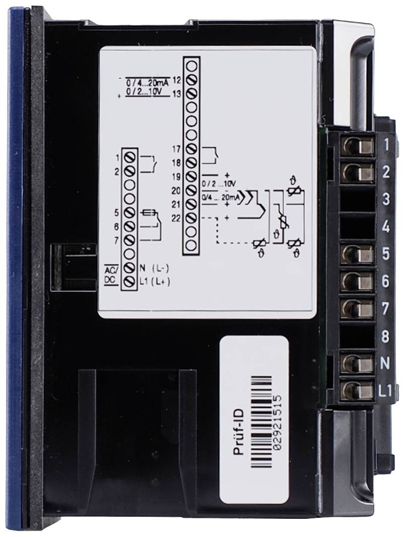 Ein schwarzes elektronisches Gerät mit einem Diagramm auf der Vorderseite, das Anschlüsse und technische Details zeigt.