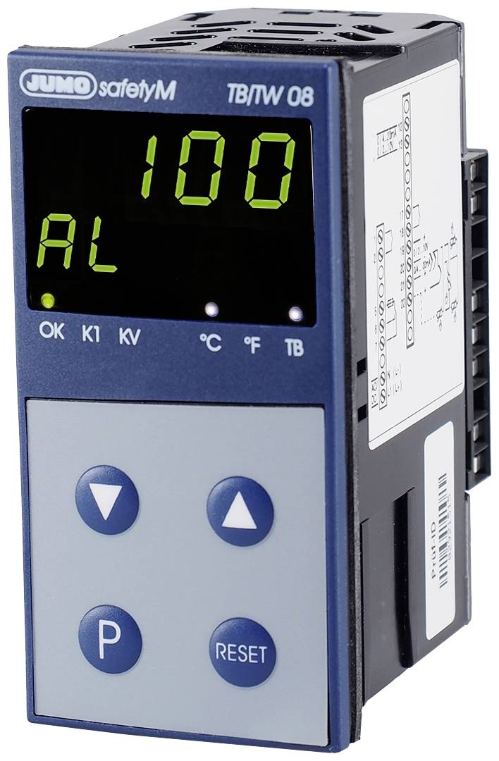Digitales Temperaturregelgerät mit Anzeige '100' und 'AL'. Paneel mit Tasten 'P' und 'RESET'. Klemmen und technische Zeichnungen an der Seite sichtbar.
