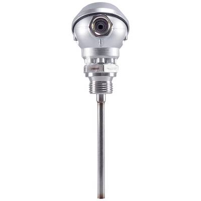 Metallische industrielle Temperatursensor-Sonde mit Gehäuse und Gewindeanschluss, abwärts zeigend, auf weißem Hintergrund.