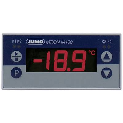 Digitalanzeige eines Thermostats zeigt '-18,9 °C' an. Das Gerät trägt die Aufschrift 'JUMO eTRON M100'. Tasten an der Seite.