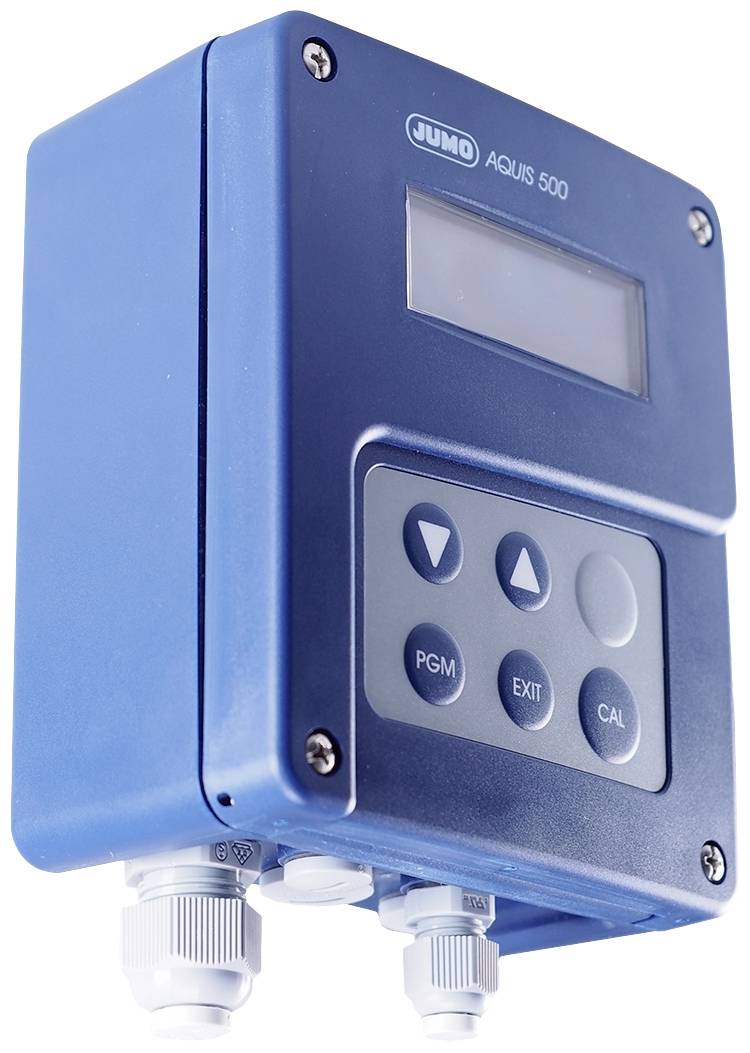 Blaues elektronisches Gerät mit Display und Bedienfeld, vier Tasten mit den Beschriftungen 'PGM', 'EXIT', 'CAL'. Markenname oben sichtbar.
