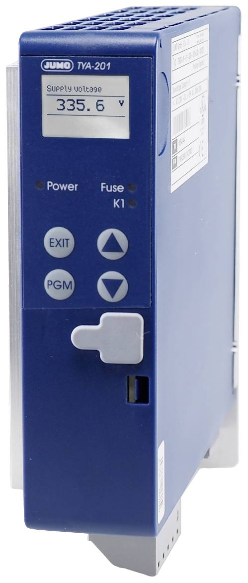 Blaues elektronisches Gerät mit Digitalanzeige 'Supply voltage 335.6'. Tasten: Power, Fuse K1, EXIT, PGM, Pfeile für Einstellungen.