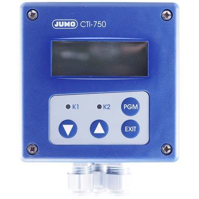 Ein blaues JUMO CTI-750 Gerät mit Display und vier Steuertasten (K1, K2, PGM, EXIT) auf der Vorderseite.