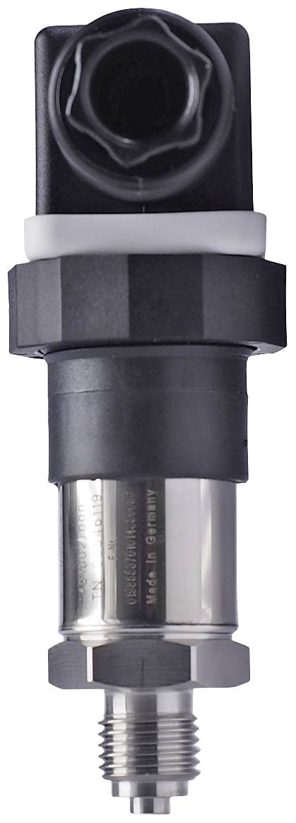Ein Drucksensor mit Metallgehäuse und schwarzem Kunststoffstecker. Gerät zur Messung von Druck in industriellen Anwendungen.
