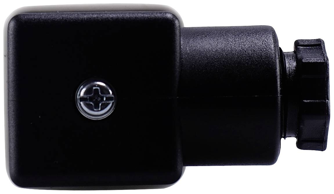 Ein schwarzer Kunststoff-Stecker mit einem metallischen Kreuzsymbol in der Mitte. Rechts ein geriffelter Drehverschluss.