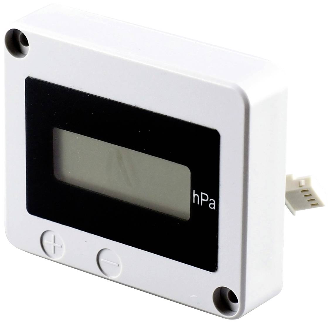Weißes digitales Barometer mit rechteckigem Display, das Luftdruck in hPa anzeigt.