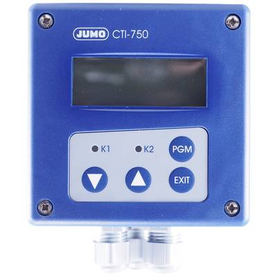 Ein blaues elektronisches Gerät mit Display und vier Tasten, beschriftet 'K1', 'K2', 'PGM', 'EXIT'. Oben steht 'JUMO CTI-750'.