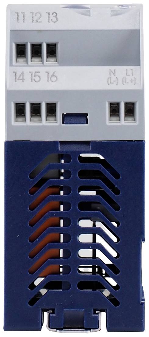 Elektronisches Bauteil mit blauer Lüftung und grauer Oberseite. Oben sind Anschlüsse mit Markierungen '11 12 13', '14 15 16', 'N (L-)' und 'L1 (L+)' zu sehen.