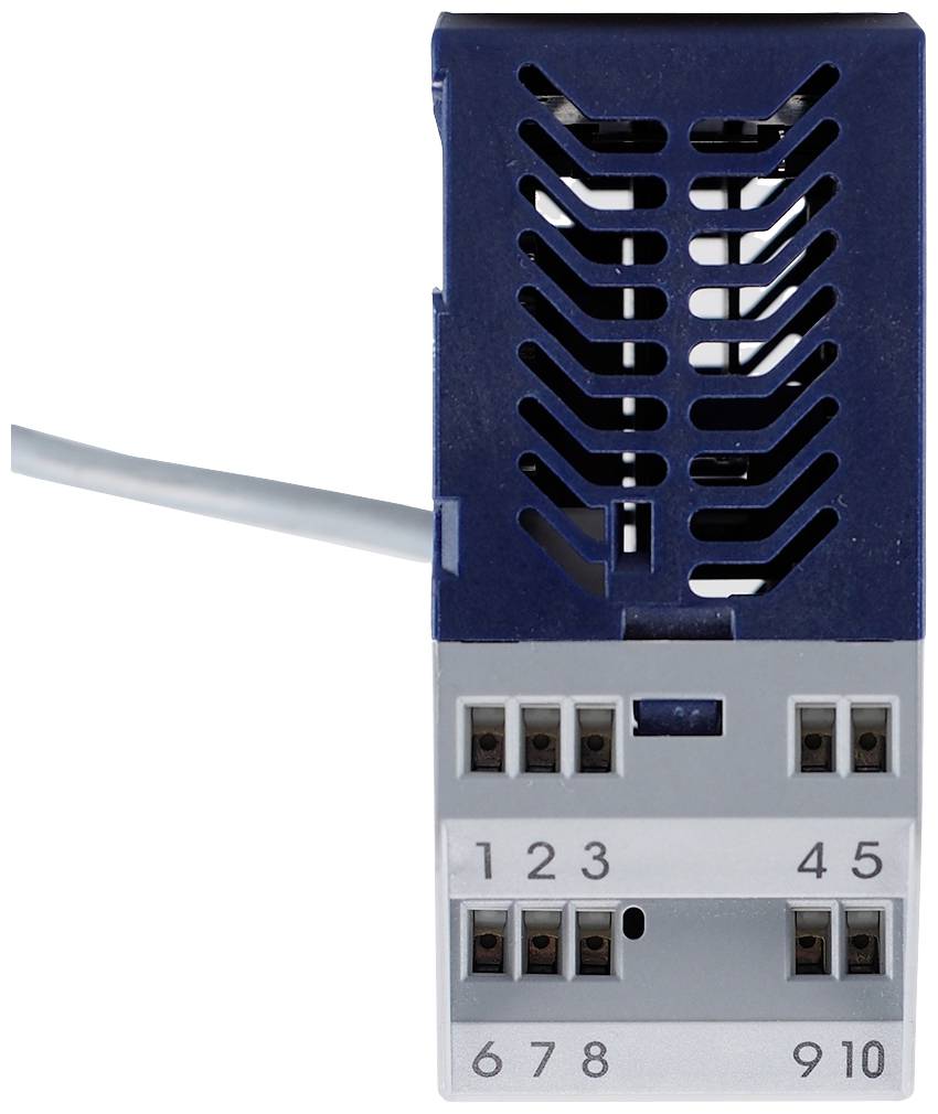Ein elektrisches Bauteil mit blauer Oberseite und zwei Reihen nummerierter Anschlüsse von 1 bis 10 an der Vorderseite. Ein Kabel ist angeschlossen.