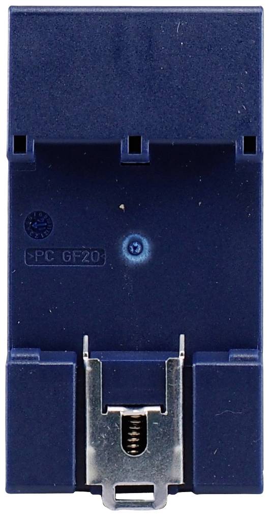 Ein blaues elektrisches Gerät mit Metallklemmen unten zur Befestigung. Es trägt die Markierung 'SPC GF20'.