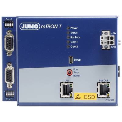 Ein blau-graues elektronisches Gerät mit der Aufschrift 'JUMO mTRON T', zeigt Statusleuchten, Schnittstellenanschlüsse und Beschriftungen.