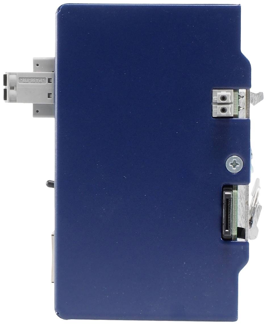 Ein blaues elektronisches Gerät mit mehreren Anschlüssen auf der rechten Seite, vermutlich ein Teil eines größeren technischen Systems.