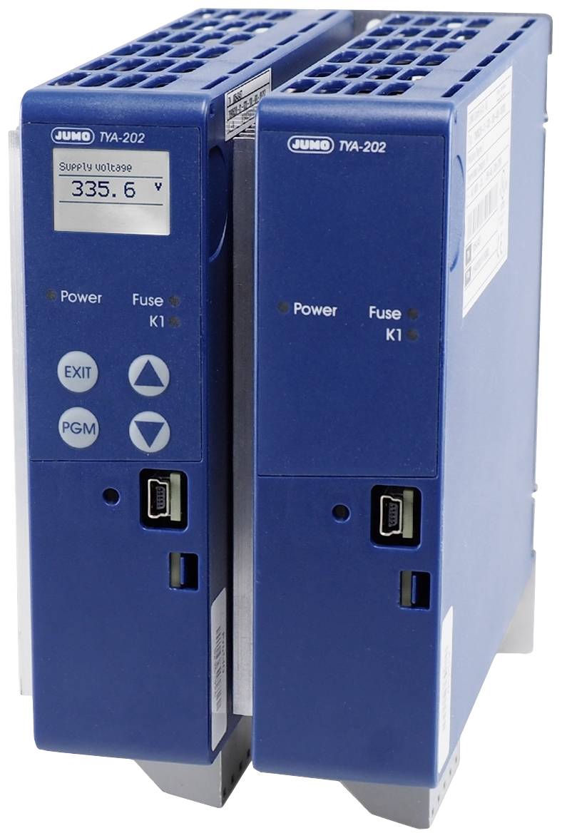 Zwei blaue elektronische Geräte mit Display und Tasten. Anzeige zeigt '335.6 V'. Geräte haben Anschlüsse und Knöpfe für Power und Fuse.