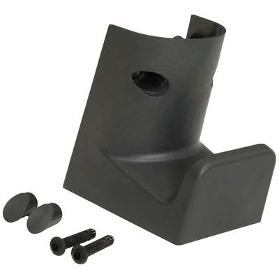 Schwarzer Metallhaken mit zwei Schrauben und Abdeckungen, wahrscheinlich Teil eines Befestigungssystems oder Halterung für ein Objekt.