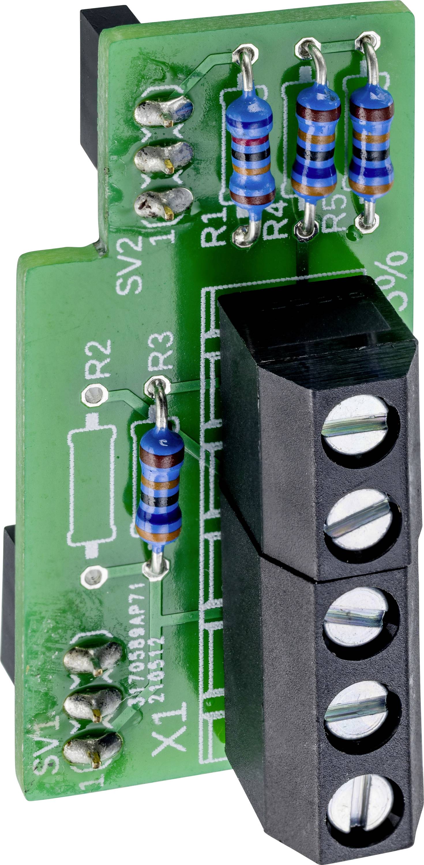 'Grüne elektronische Leiterplatte mit mehreren blauen Widerständen und schwarzen Anschlussklemmen.'