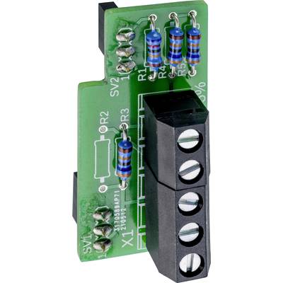 'Elektronisches Schaltmodul mit grünem PCB, darauf montierte blaue Widerstände und schwarze Anschlussklemmreihe rechts.'