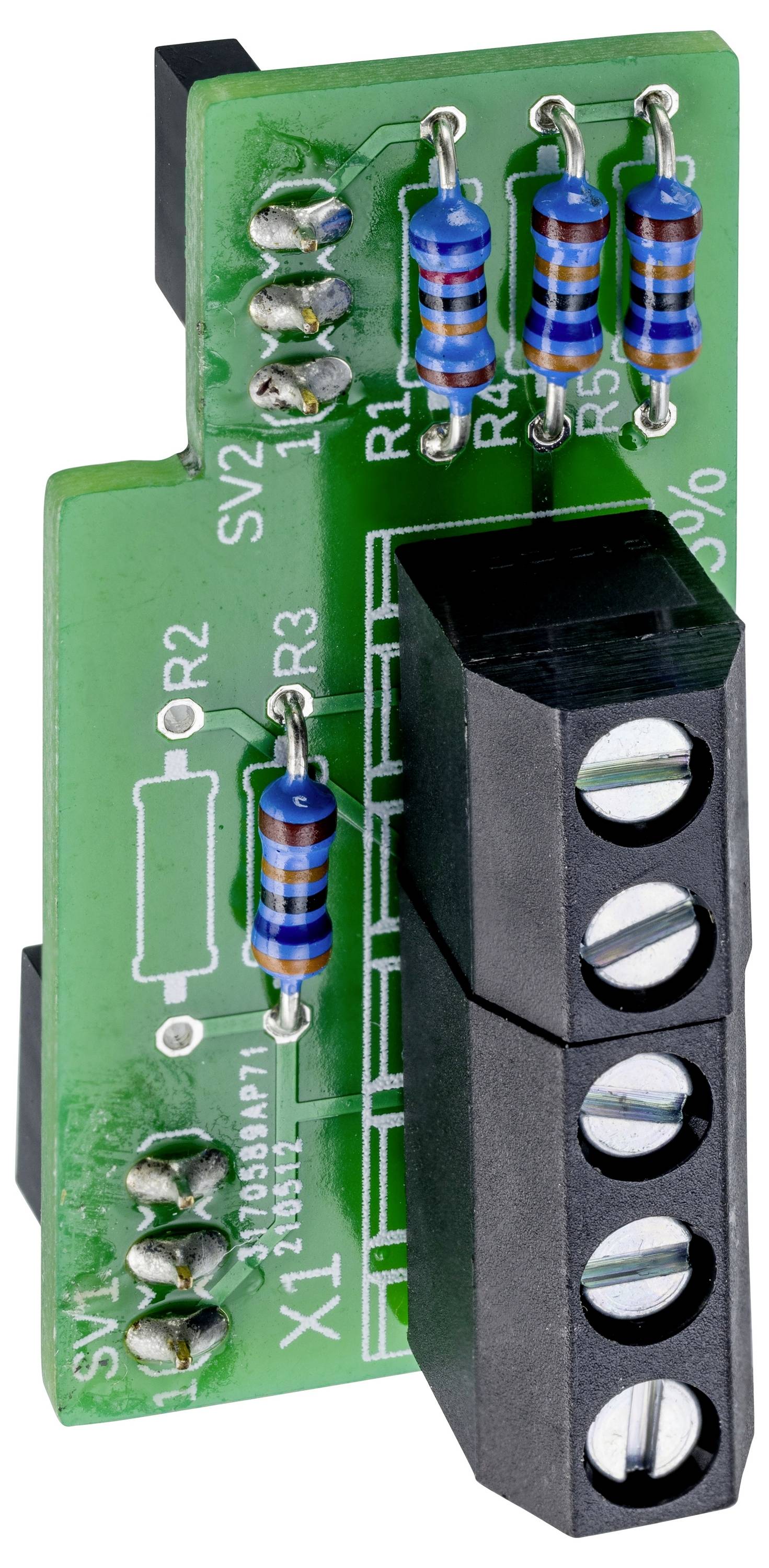 Eine grüne Leiterplatte mit Widerständen und Schraubklemmen zur elektrischen Verbindung und Schaltungserweiterung.