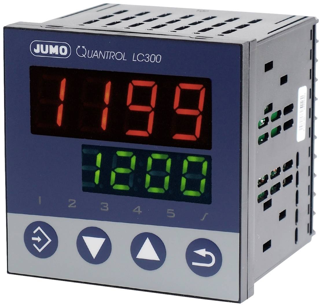 Gerät JUMO Quantrol LC300 mit digitaler Anzeige. Rote Zahl: 1199, grüne Zahl: 1200. Funktionstasten unten sichtbar.