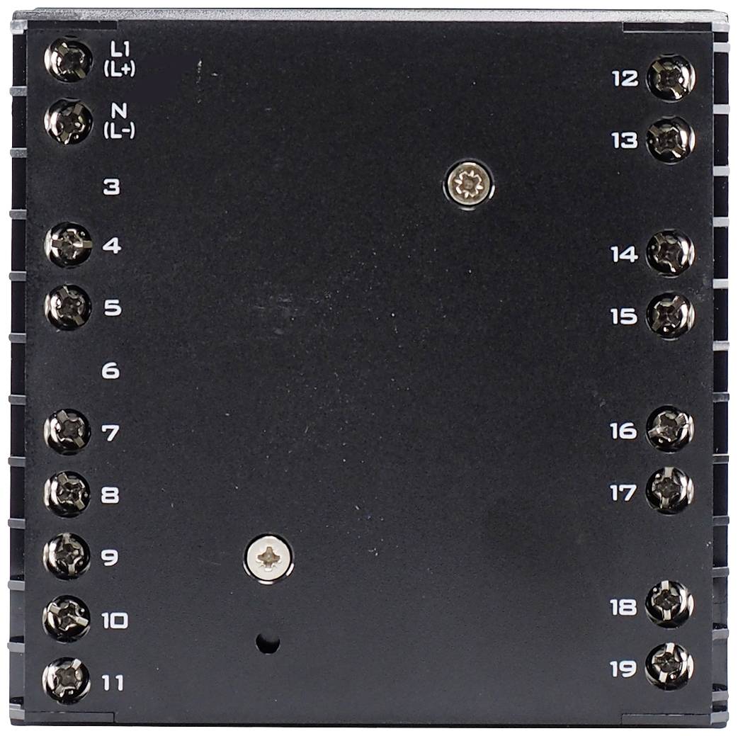 Schwarzes elektrisches Bauteil mit nummerierten Anschlussklemmen von 1 bis 19 auf beiden Seiten, zentrale Schraubpunkte.