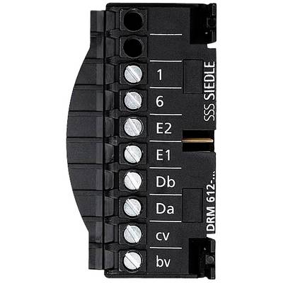 Ein schwarzes elektrisches Kontaktelement mit mehreren Schraubanschlüssen, vertikal beschriftet mit Zahlen und Buchstaben: '1', '6', 'E2', 'E1', 'Db', 'Da', 'cv', 'bv'.