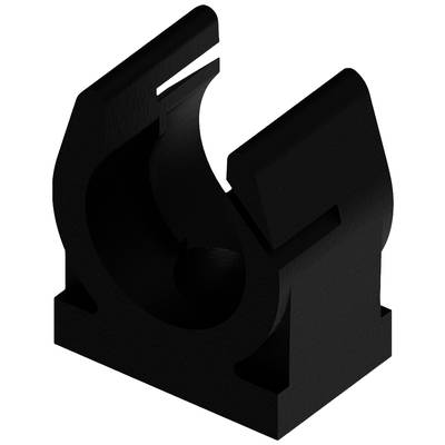 Ein schwarzes, abstraktes Plastikobjekt mit geschwungenen Formen und einer runden Öffnung in der Mitte, geeignet zum Halten von Rohren.