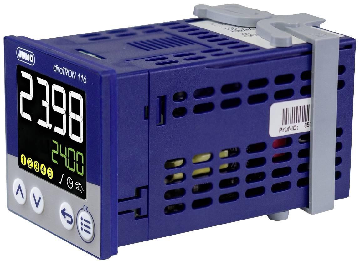 Ein blauer elektronischer Regler zeigt auf einem digitalen Display die Werte '23,98' und '2400'.