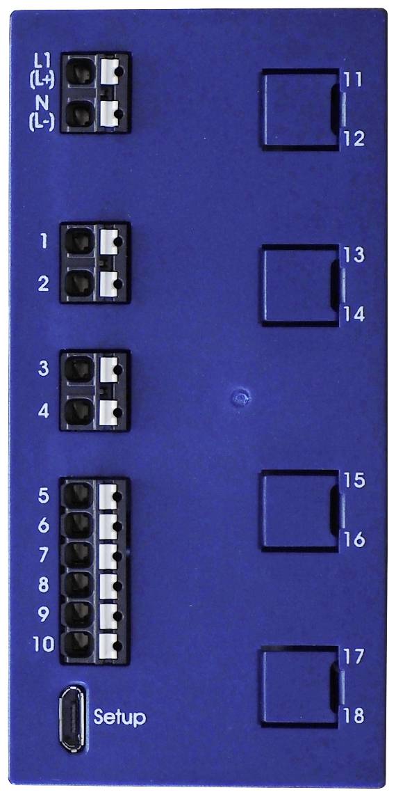 Ein blaues elektrisches Modul mit Anschlussklemmen, nummeriert von 1 bis 10, und sechs rechteckigen Aussparungen, nummeriert von 11 bis 18. Unten befindet sich ein 'Setup'-Port.