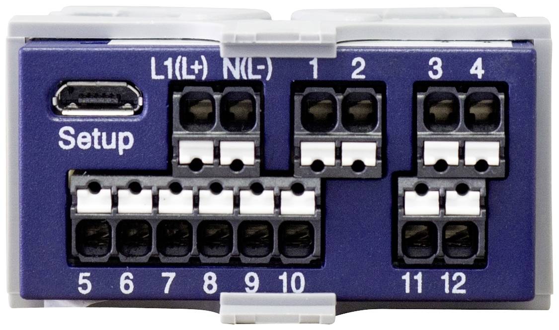 'Elektrischer Anschlussblock mit zwölf Schraubklemmen, nummeriert von 1 bis 12, für Verkabelung. Links ein Setup-Port mit USB-Anschluss.'
