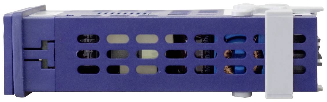 Blaues Gerät mit Lüftungsgitter, seitliche Ansicht. Enthält Anschlüsse und elektronische Bauteile. Hauptfunktion unbekannt.