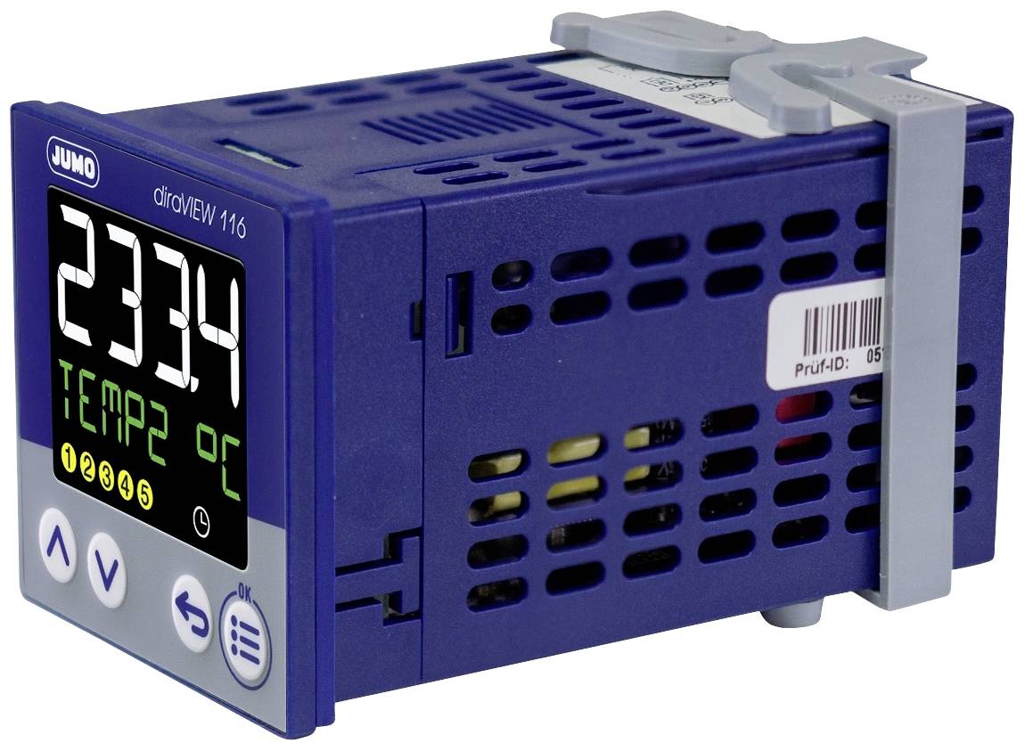 Digitales Gerät mit Anzeige '233,4 TEMP 2°C'. Zeigt Temperaturmessung an. Gerät ist blau, rechteckig mit Bedientasten unten links.