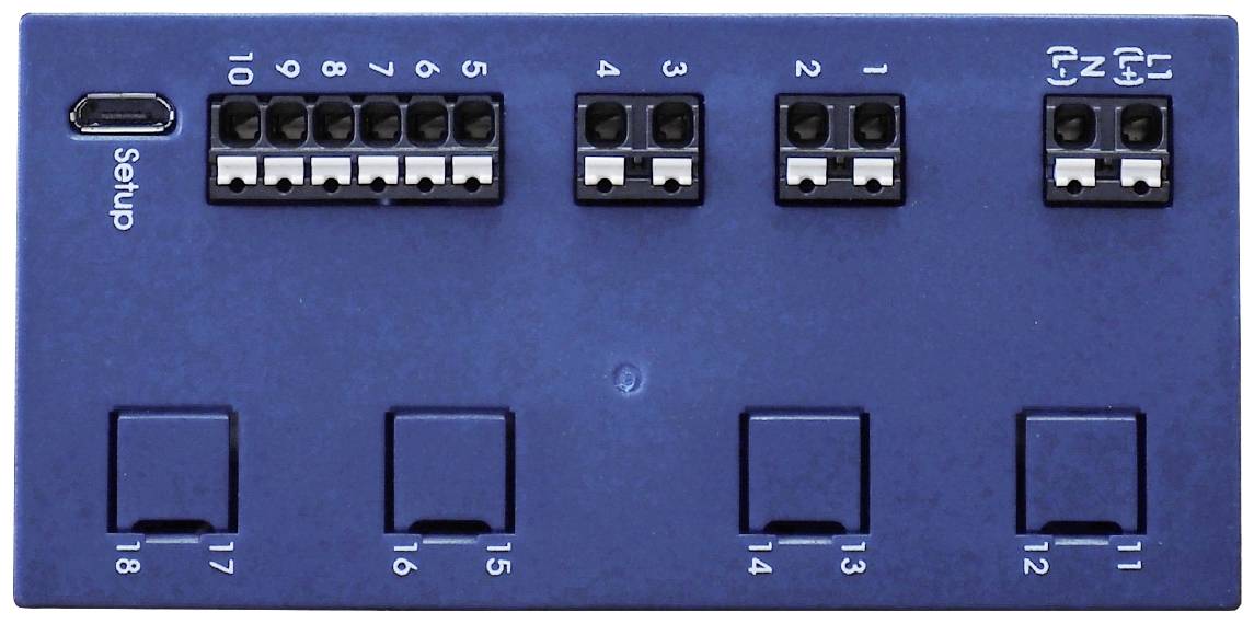 Blaues elektronisches Gerät mit Anschlüssen nummeriert von 1 bis 18 und einem 'Setup'-Port.