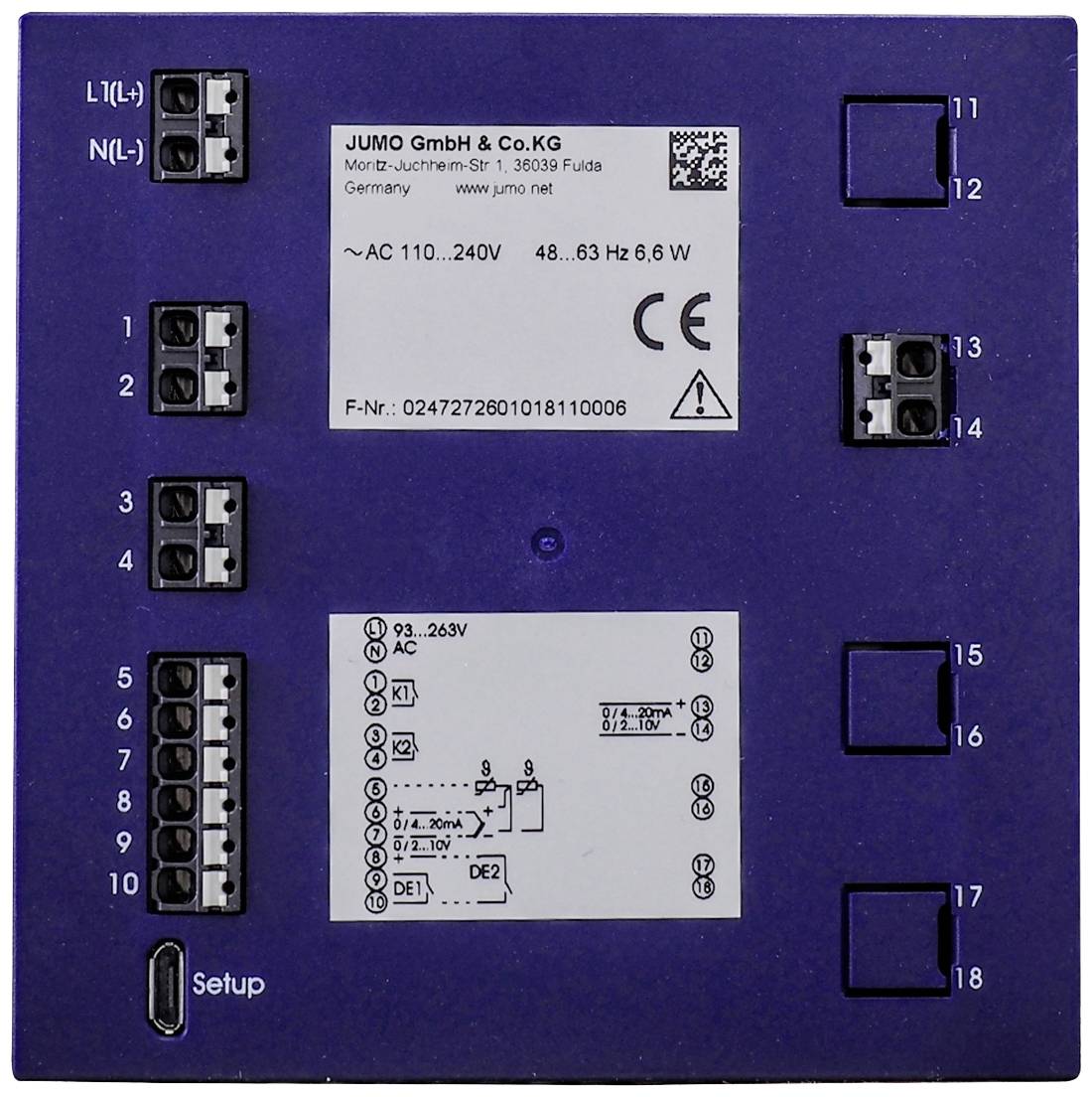 Elektrisches Steuergerät von JUMO mit mehreren Anschlüssen und Beschriftungen. Eignet sich zur Spannungsregelung von AC 110-240V, 48-63 Hz.