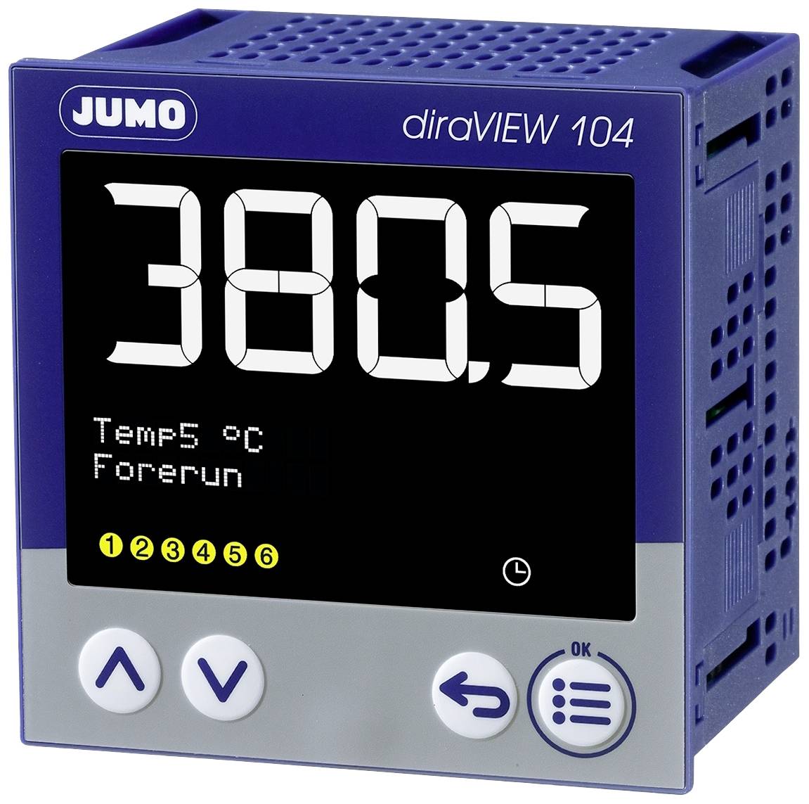 Digitales Anzeigegerät mit der Anzeige '380,5'. Zeigt Temperatur in Grad Celsius und Symbole zur Navigation auf der Vorderseite.
