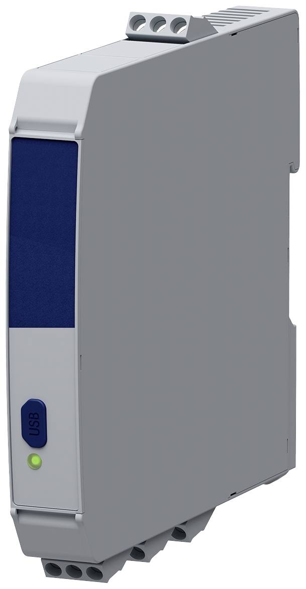 Elektronisches Modul in Grau-Blau mit USB-Anschluss und grüner LED-Anzeige, vermutlich für Schaltschrank- oder Steuerungstechnik.