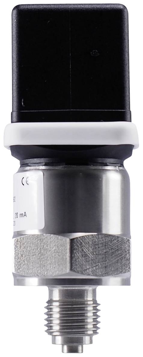 Drucksensor mit schwarz-silbernem Gehäuse und Gewindeanschluss, verwendet zur Überwachung von Druck in Systemen.