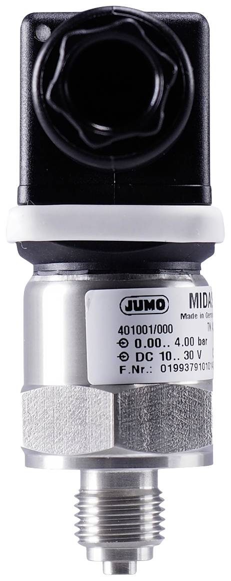 Ein Drucktransmitter mit Aufschrift: 'Jumo Midas,' misst 0 bis 4 bar. Geeignet für Anwendungen bei 10-30 V. Hergestellt in Deutschland.