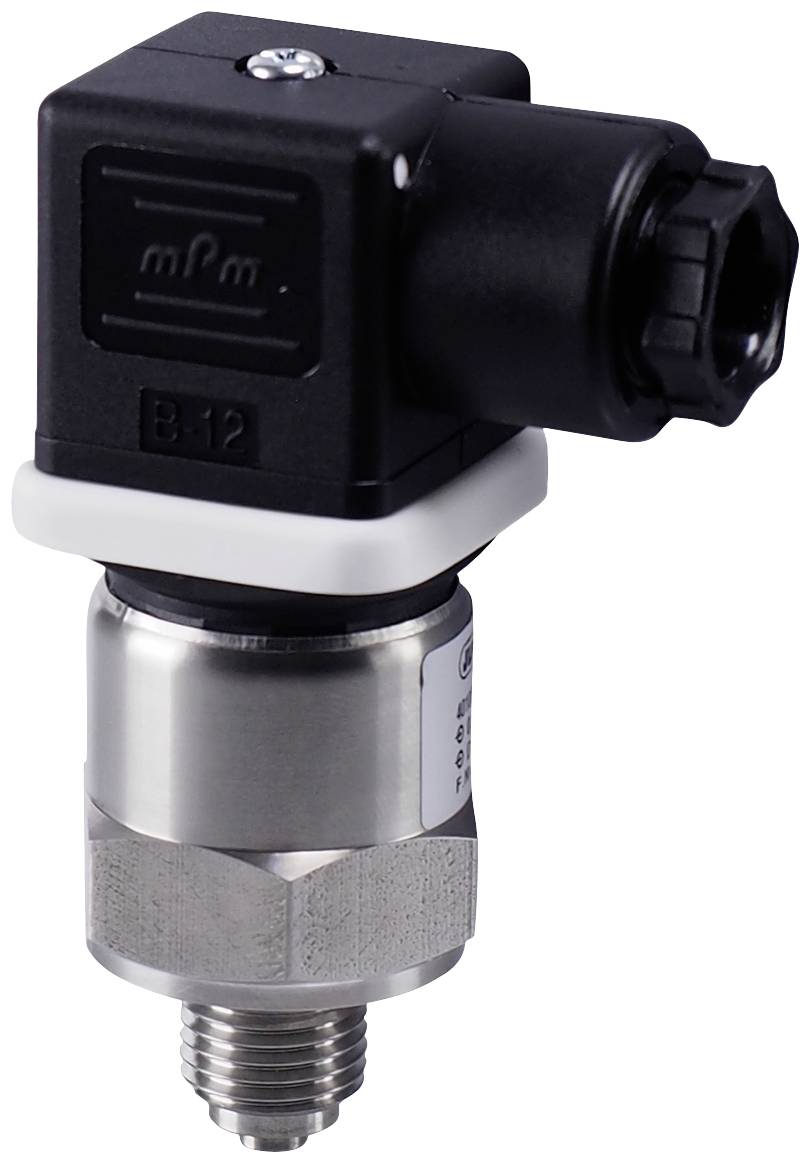 'Drucksensor mit schwarzem Gehäuse und Metallanschluss zur Messung von Druck in industriellen Anwendungen.'