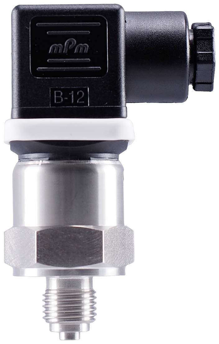Ein Drucksensor mit Metallgewinde und schwarzem elektrischen Anschlusskopf, geeignet für industrielle Anwendungen.