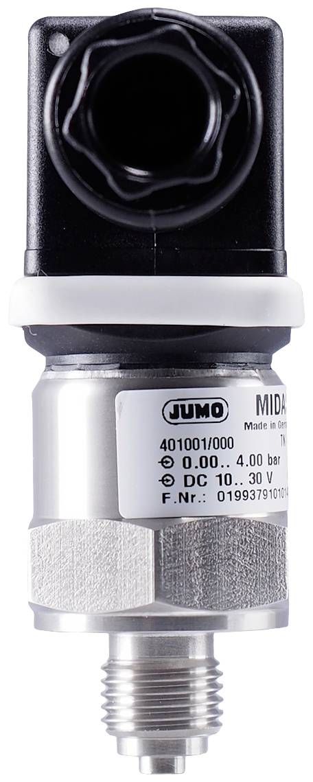 Drucksensor mit Metallgehäuse von JUMO, Modell MIDAS S06, Messbereich 0-4 bar, Spannung DC 10-30 V, Produktnummer sichtbar.