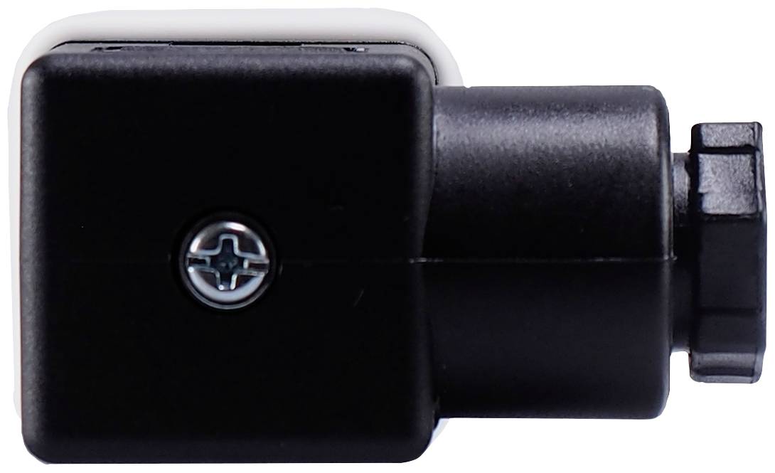 Schwarzer Winkelstecker mit Schraube in der Mitte und einem Griff. Adapter zur elektrischen Verbindung.