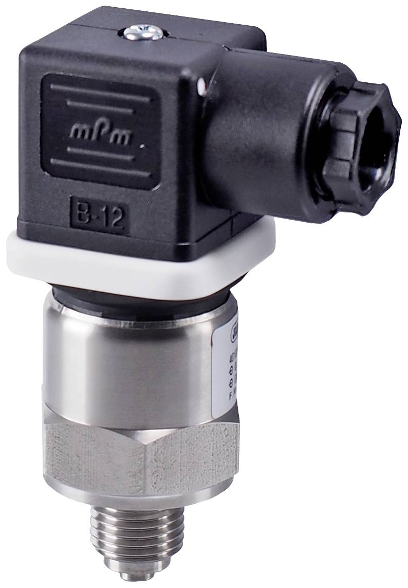 Drucksensor mit schwarzem Anschlussstecker und silbernem Metallgehäuse. Geeignet für industrielle Anwendungen zur Drucküberwachung.
