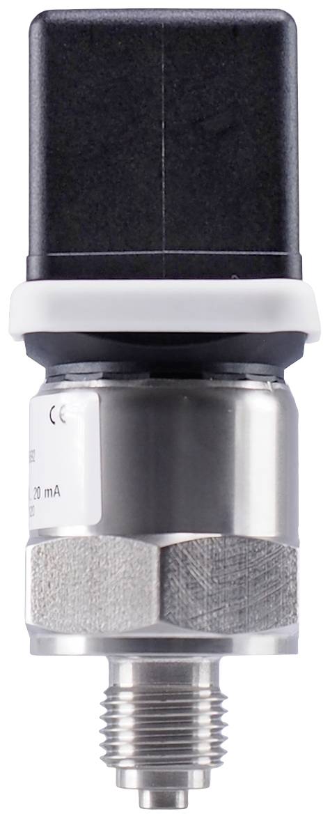 Ein Drucksensor mit Metallgehäuse und schwarzer Plastikkappe, deutlich sichtbares Gewinde an der Unterseite, industrielles Design.